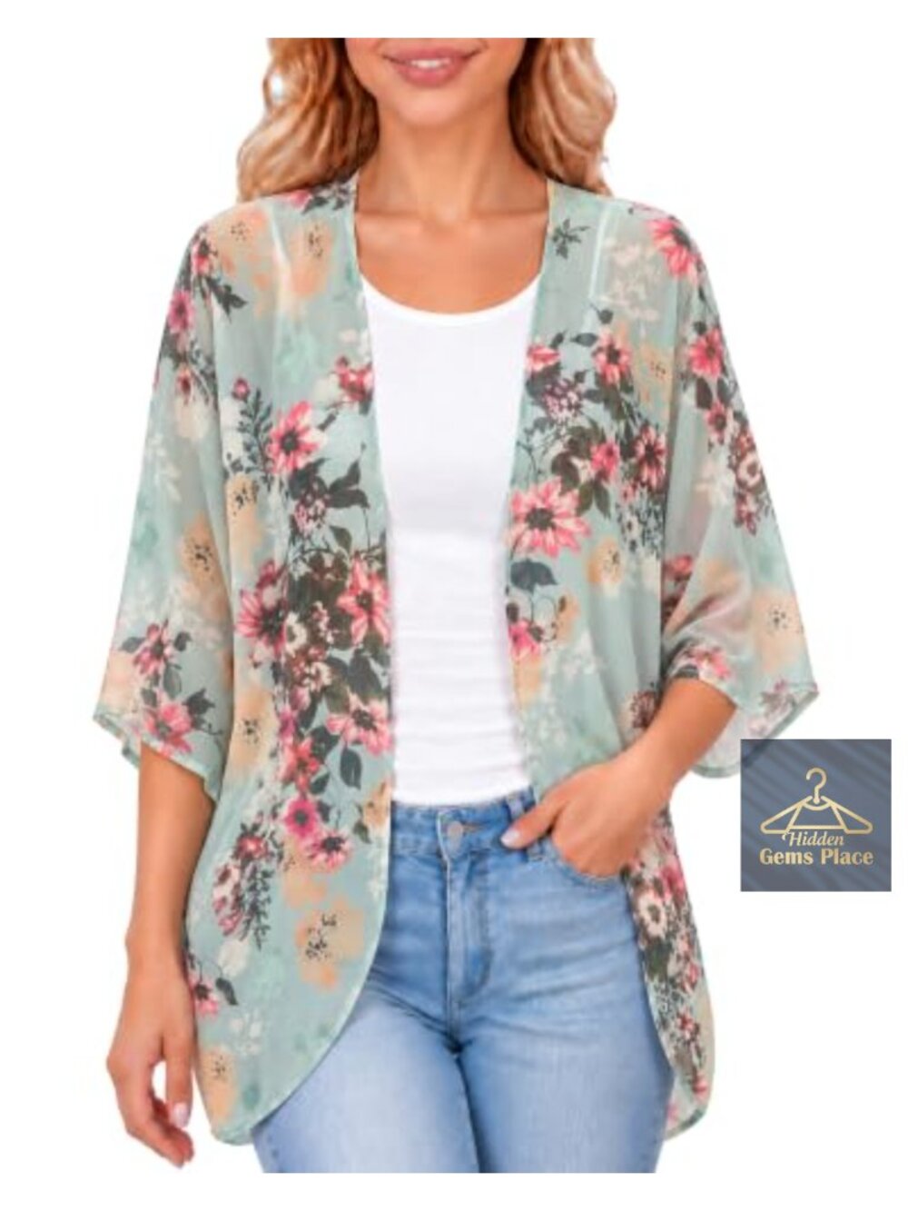 Women Floral Chiffon Kimono Cardigan Lightweight Beach Cover Up